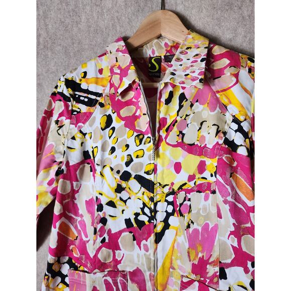 SPORTELLE Red Yellow Multicored 90's Style Full Zip 3/4 Sleeve Jacket SZ L - Picture 4 of 8